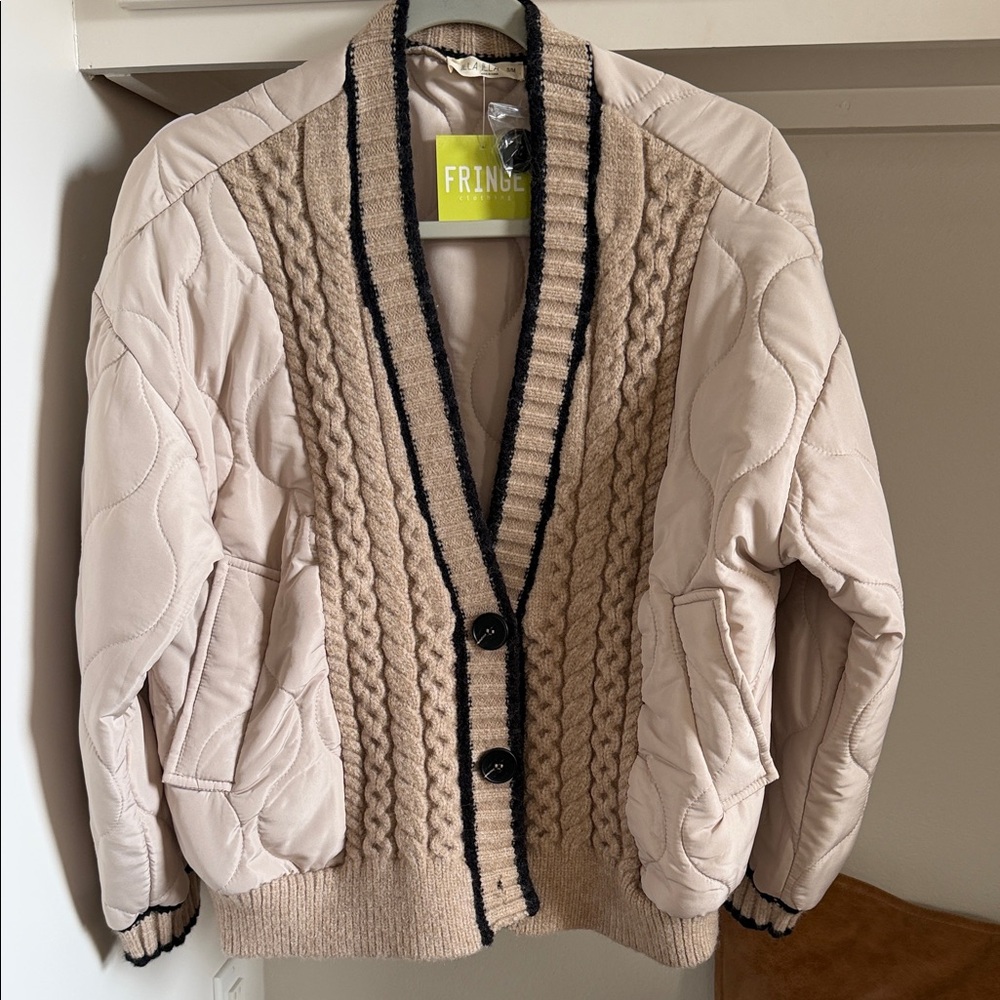 Beige Cable Knit Cardigan with Black Trim